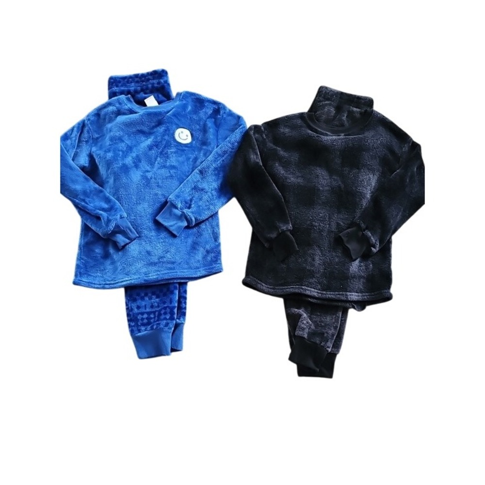 Cat & Jack Kids Fleece Pajama Set Bundle Blue Smiley Black Plaid Size L 10/12